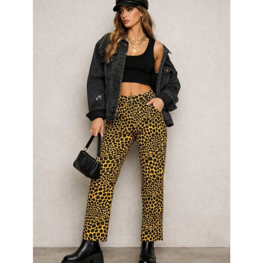 Holiday Emma Mulholland Kokomo Pants Yellow Black Leopard Spot Cotton Size S